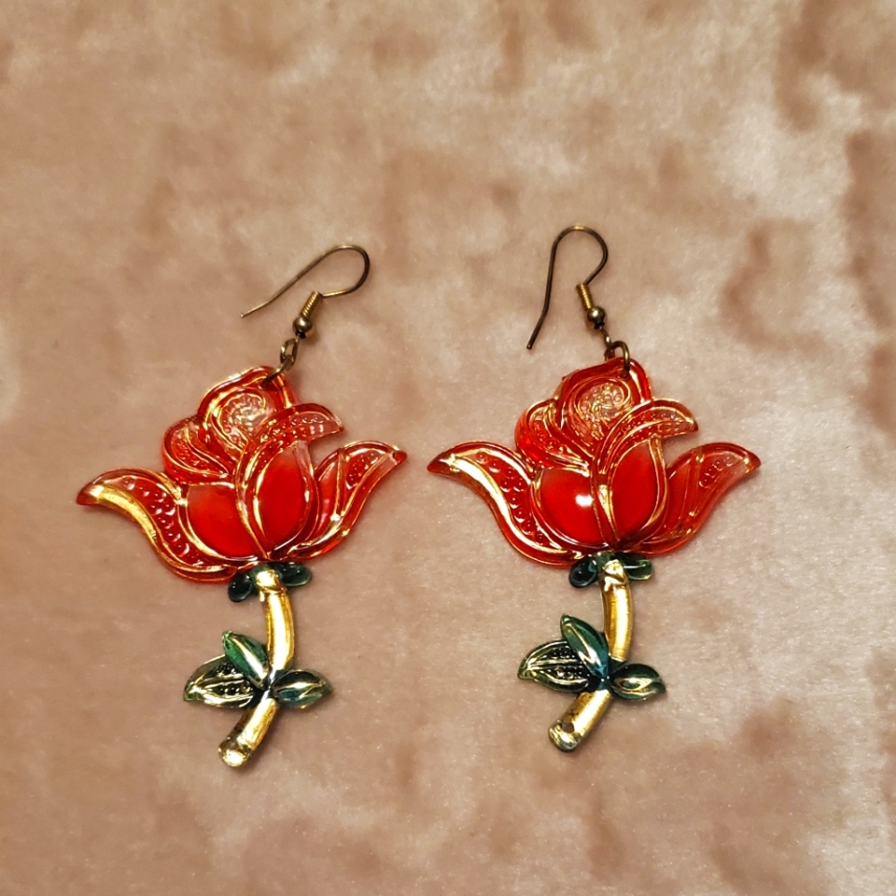 Shein Tulip Earrings Flower Plastic Gold Red